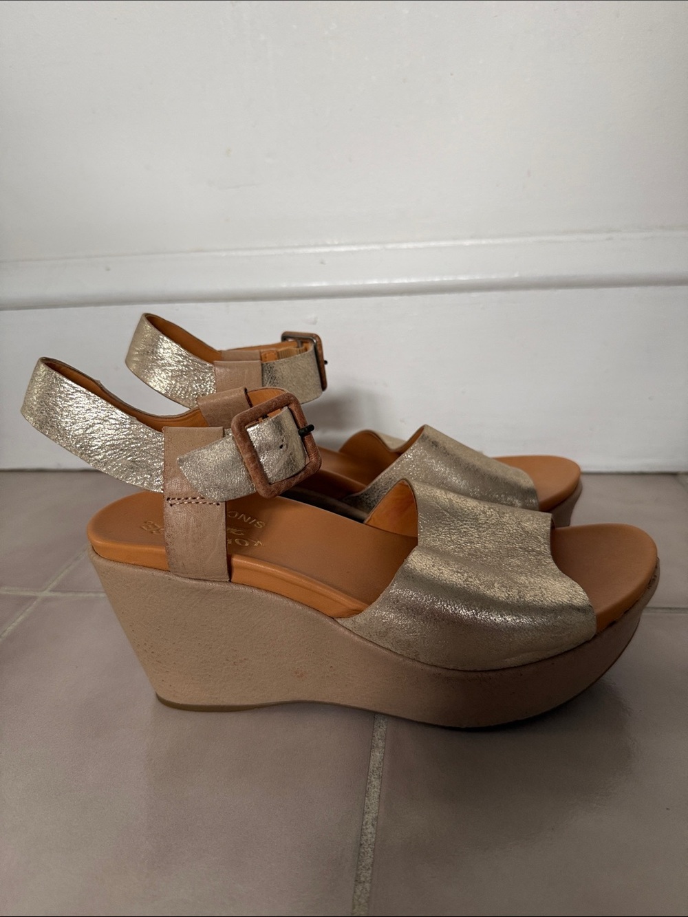 Kork-Ease Metallic Gold and Tan Wedge Sandals - Picture 2 of 6